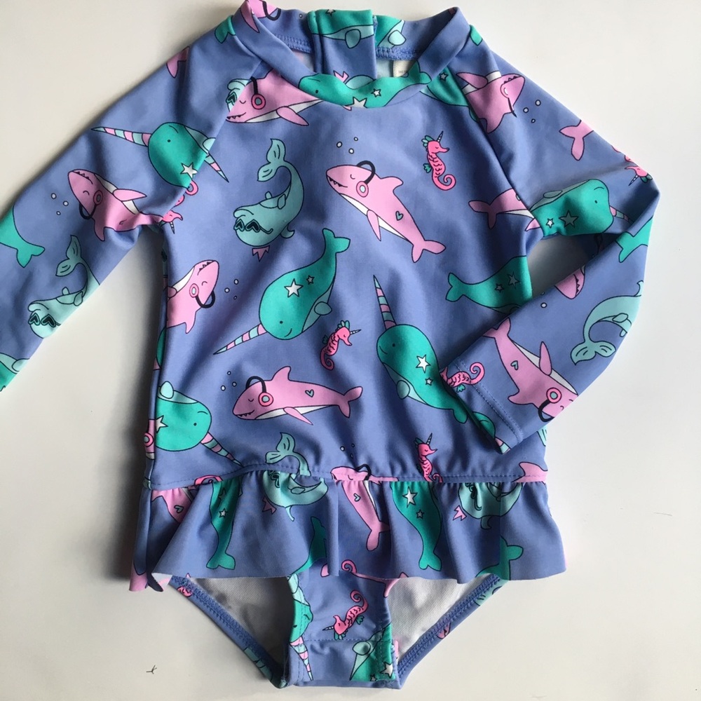 OshKosh B'gosh one piece Swimsuit 6 months long sleeves purple Narwhal shark